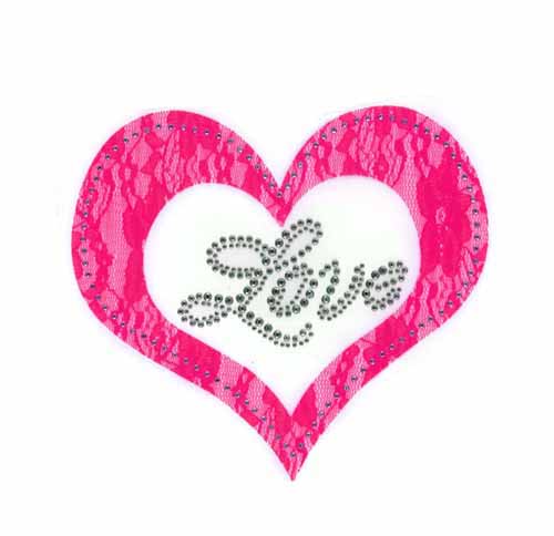 S101452-PNK-Pink lace applique heart w/ "Love" phrase in silver