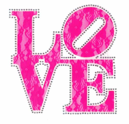 S101453-PNK -PINK 7.5"x8" LACE APPLIQUE WITH SIL STUDS "LOVE"