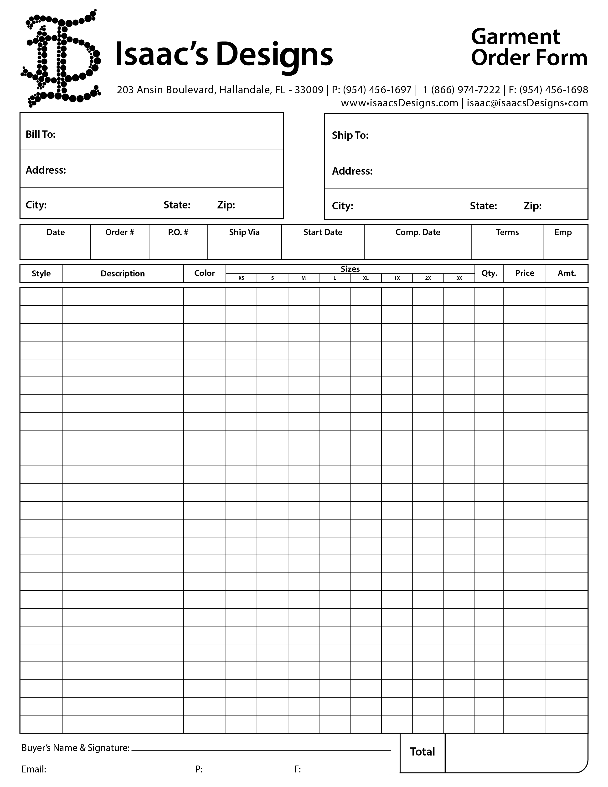 Garment Order Form, Isaacs Designs Garment Order Form, Isaacs Designs